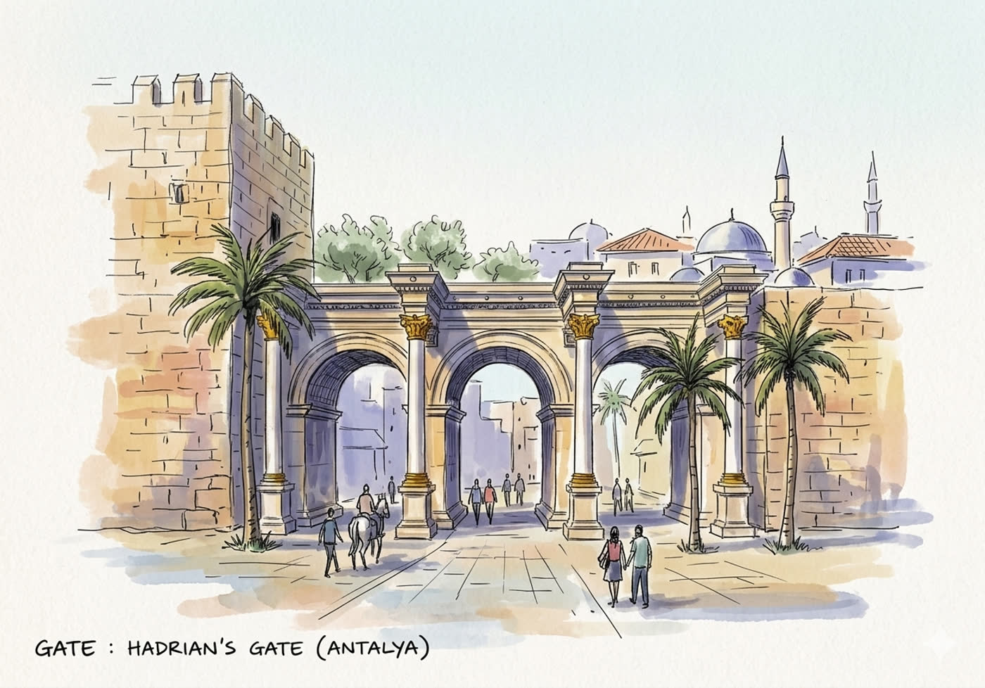 Watercolour illustration of a city gate, from the Journey Together artwork